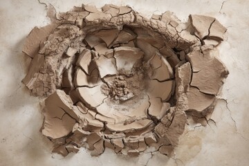 Cracked clay disc on light beige surface