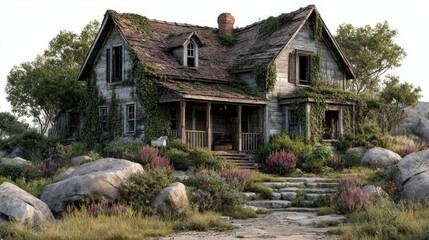 Obraz premium Abandoned Rustic House Surrounded by Nature and Overgrown Plants in a Peaceful Landscape