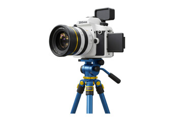 白色カメラと青色三脚のクローズアップ写真 黒色の背景に分離された詳細な撮影機材