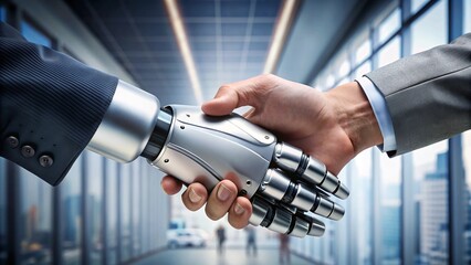 A robot hand shaking hands with a human hand.