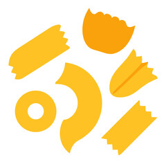 Abstract arrangement of yellow pasta shapes on a white background