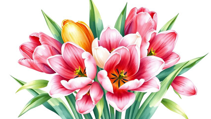 Naklejka premium Colorful tulip bouquet in watercolor style, isolated on transparent background, spring floral illustration.