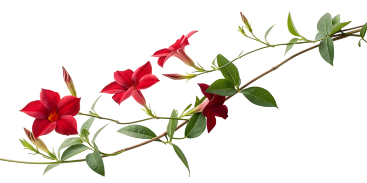 Vibrant red dipladenia flowers blooming on a twisting vine isolated on transparent background