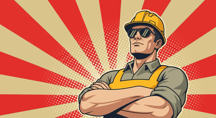 Confident construction worker in retro comic book style, arms crossed, against a vibrant background.