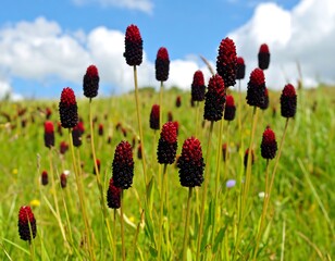 Red and black flower spikes in a grassy field