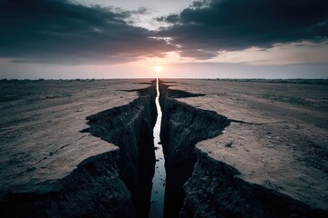 Dramatic fissure in parched earth, sunset