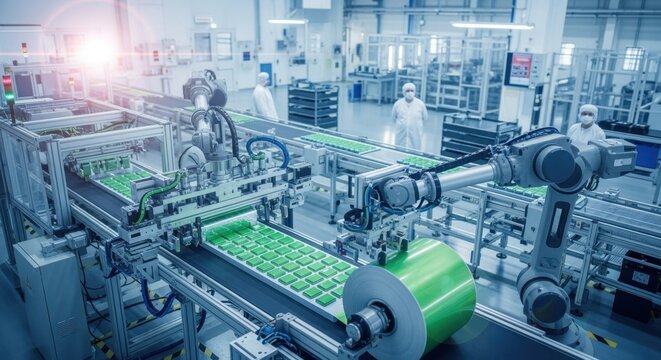 Dynamic production environment within a solidstate battery gigafactory focusing on sustainable electrode coating practices and automation.