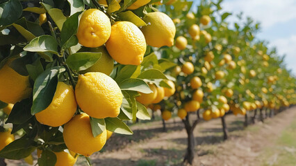 “Golden Lemons Hanging on Green Branches in Orchard Under Clear Blue Sky – Fresh Citrus Fruit on Sunny Day”