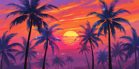 Palm Tree Silhouettes at Dreamlike Tropical Sunset