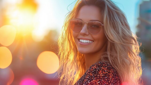 Smiling woman enjoying sunset in vibrant summer outfit outdoors - Powered by Adobe