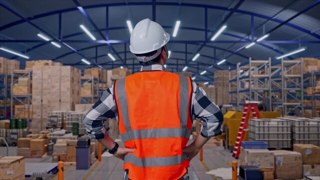 Back View Of A Male Engineer Wearing Safety Helmet Looking Around While Standing With Arms Akimbo in Spacious Warehouse with Rows of Shelving