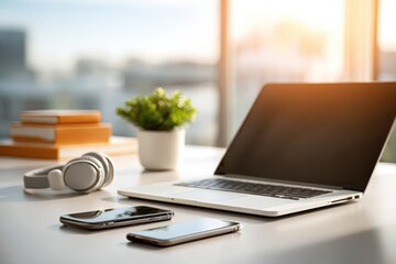Modern home office desk setup with laptop, phones, headphones, and books.