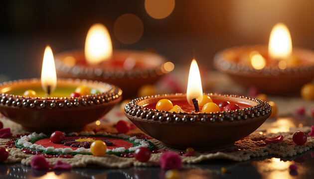 Decorative oil lamps glowing on a colorful rangoli background - Powered by Adobe
