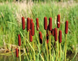 Red cattails in a grassy marsh