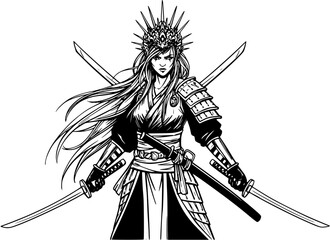 Dragoncrowned warrior woman with crossed katanas flowing hair and determined gaze.
