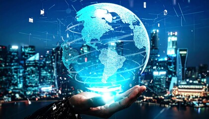A hand holds a holographic globe, digitally overlaid on a nighttime city skyline