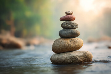 Stack of smooth river stones balanced in zen formation by flowing stream, soft focus background