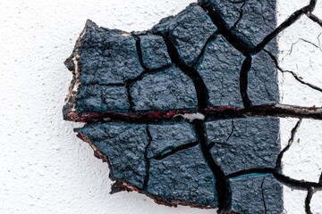 Dark, cracked, textured piece against a white background