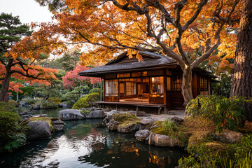 Traditional Japanese tea house in a serene garden, koi pond and maple trees with autumn leaves, soft natural light