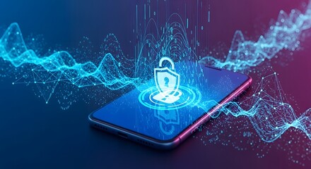 Smartphone with digital security shield and data waves representing cyber protection and privacy