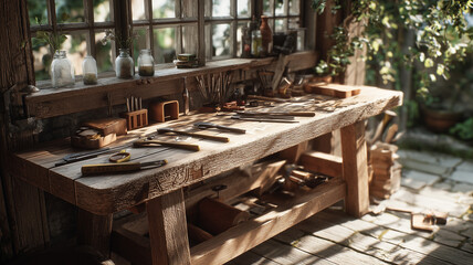 Woodworking bench with tools and plants