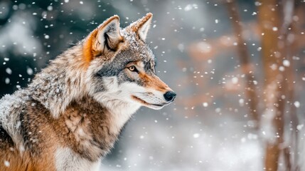 Obraz premium Majestic wolf in snowy winter forest, ultra hd 8k wallpaper featuring wild wolf amid fresh snow, stunning wildlife photography capturing frosty natural landscape in high-resolution detail