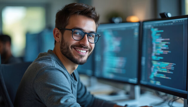 Young software developer smiles at camera, working with code on multiple computer monitors. Confident programmer in modern workspace, focused on technology, innovation. Passionate about computer