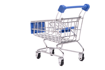 Isolated Mini model of blue shopping cart in supermarket