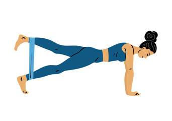 Flat vector illustration of a young woman holding plank position with resistance band on legs. Core and full body workout. Isolated on white background