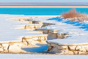 Snowy shore meets turquoise lake
