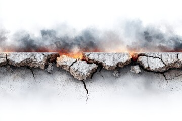 Cracked concrete edge ablaze with fire and smoke