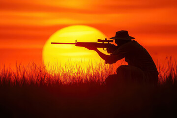 A hunter silhouetted against a large sun at sunset