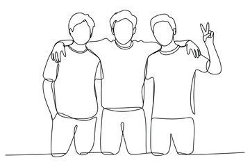 Simple Continuous Line Art of Three Friends Standing Together with their Arms Around Each Other