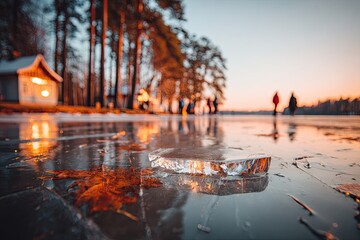 Frozen lake at sunset, ice shard, soft light