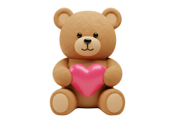 愛らしいテディベアがピンクのハートを抱く透明背景の茶色のぬいぐるみ
