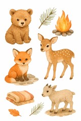 Watercolor autumn animals illustration with bunny, fox, squirrel and hedgehog surrounded by pumpkins, apples and fall leaves