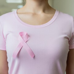 Woman wearing pink ribbon on shirt supporting breast cancer awareness