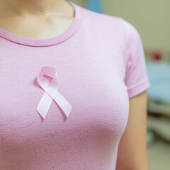 Woman wearing pink ribbon on shirt supporting breast cancer awareness