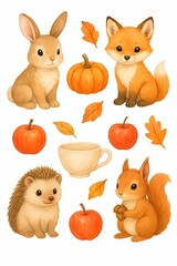 Naklejka premium Cute watercolor forest baby animals with campfire, fox, bear, deer and goat illustration with camping elements