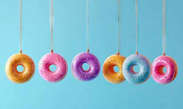 Colorful donuts hanging from strings against a pastel blue background (2)