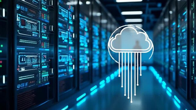 Futuristic server room displays modern digital tech. Cloud tech icon glows in data center. Modern tech equipment. Hybrid cloud network. Serverless architecture. Advanced computer system cloud storage.