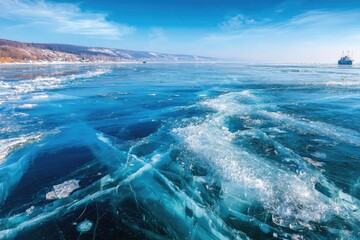 Frozen lake, vibrant blues and ice patterns.  Vast expanse of cracked ice, clear turquoise water showing through. Distant shore and ship