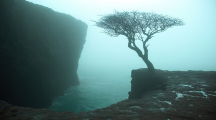 Tree on a Misty Coastal Cliff