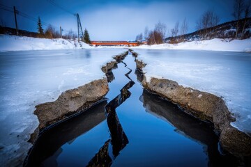 Frozen river with a crack running through, reflecting the sky and muted colors