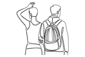 Continuous Line Drawing of Two Friends with a Backpack Looking Out into the Distance