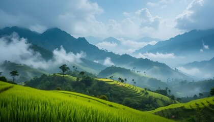 Obraz premium Misty Mountains with Lush Green Rice Terraces Landscape