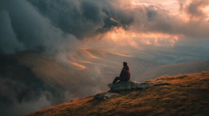 A contemplative scene of a person overlooking a dramatic landscape