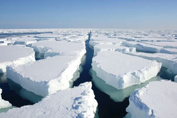 Vast expanse of fractured ice floes, clear blue water channels