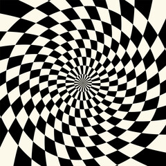Hypnotic geometric background with concentric spiral checkerboard design. Black and white squares creating a bold optical illusion effect , modern groovy funky psychedelic design.