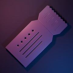 Purple Ticket icon isolated on purple-blue background. Minimalism concept. 3D render illustration